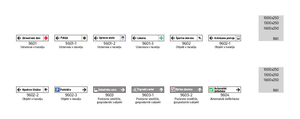 9600 Druga obvestilna signalizacija; znaki za obveščanje o smeri javne infrastrukture, gospodarskega subjekta, drugega objekta ali naprave